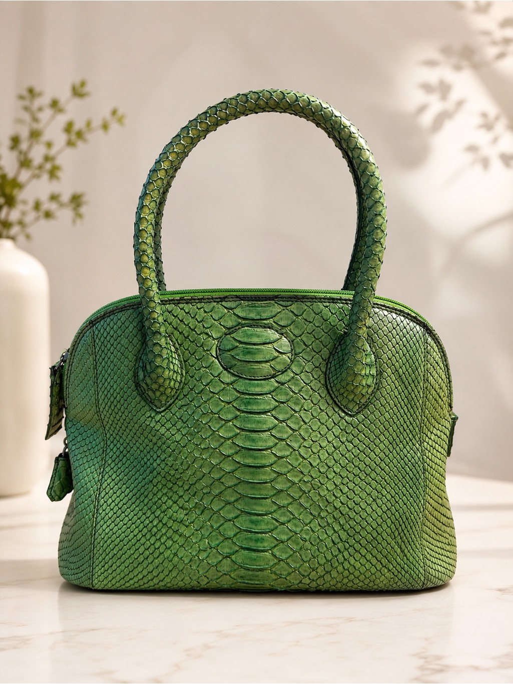 Green Python-Embossed Leather Tote